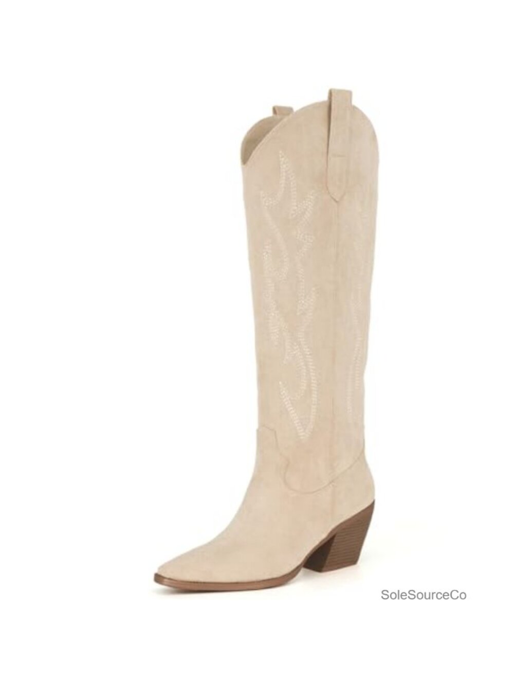 Knee High Cowgirl Boots Pointed Toe Block Heel Faux Suede Embroidered